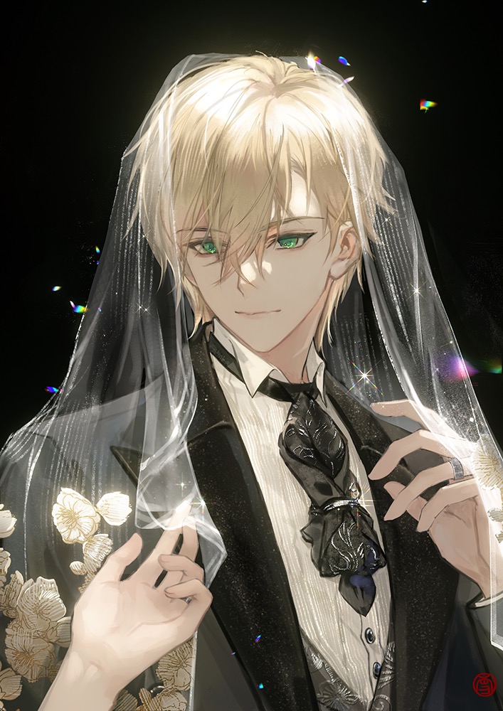 1boy alkaid_mcgrath black_background black_jacket black_necktie blonde_hair bridal_veil closed_mouth collared_shirt dress_shirt floral_print green_eyes grey_vest groom hair_behind_ear hair_between_eyes hand_up jacket jewelry lapels light_particles long_sleeves looking_at_viewer lovebrush_chronicles male_focus necktie out_of_frame peaked_lapels ring shirt short_hair smile solo tie_clip upper_body veil veil_lift vest wedding_ring white_shirt xuedaixun