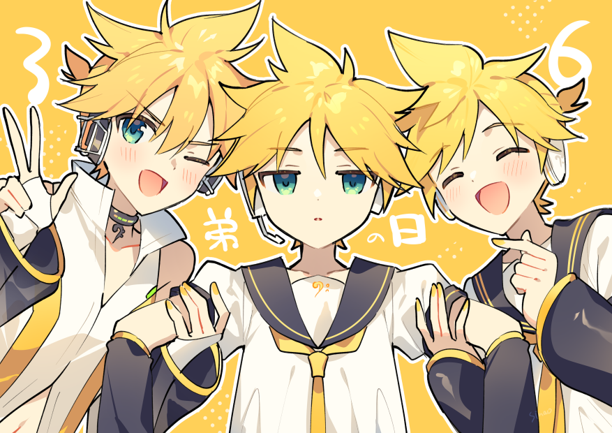 1boy :o alternate_costume aqua_eyes bare_shoulders black_collar black_sailor_collar black_sleeves blonde_hair closed_eyes clothing_cutout collar collared_shirt detached_sleeves expressionless fingerless_gloves gloves grey_headphones headphones holding_another's_arm jitome kagamine_len looking_at_viewer looking_to_the_side messy_hair navel navel_cutout necktie open_mouth outline sailor_collar shirt short_hair short_ponytail simple_background sinaooo smile v variations vocaloid white_gloves white_headphones white_outline white_shirt yellow_background yellow_nails yellow_necktie
