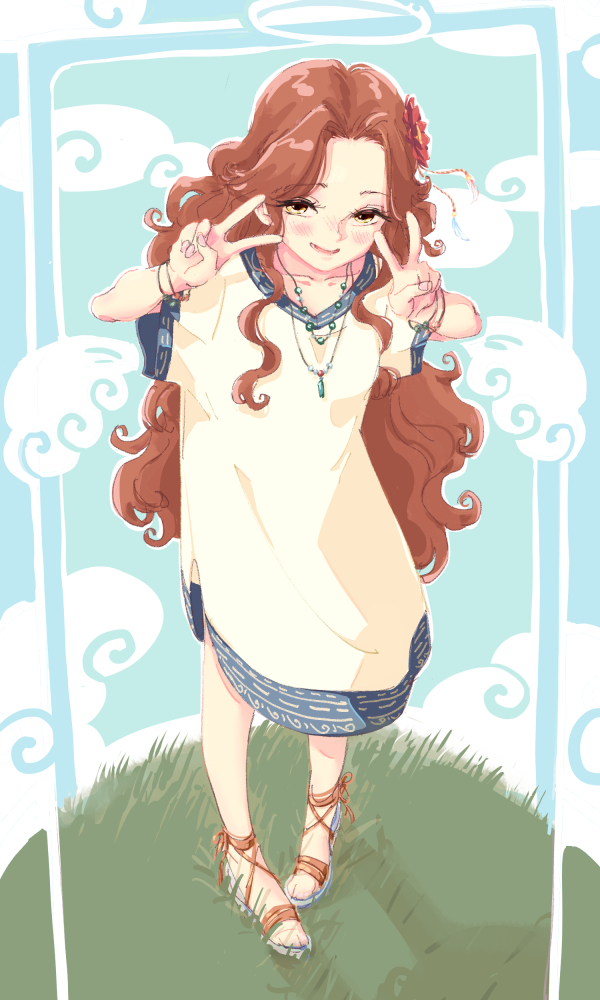 1girl ariura_kanna blue_background blue_border blush border brown_hair clouds curly_hair curtained_hair double_v drawn_wings dress flower full_body grass hair_flower hair_ornament half-closed_eyes hands_up idolmaster idolmaster_cinderella_girls imay3927 jewelry long_hair looking_at_viewer multiple_bracelets necklace no_socks open_mouth pendant red_flower sandals short_sleeves smile solo standing v white_dress yellow_eyes