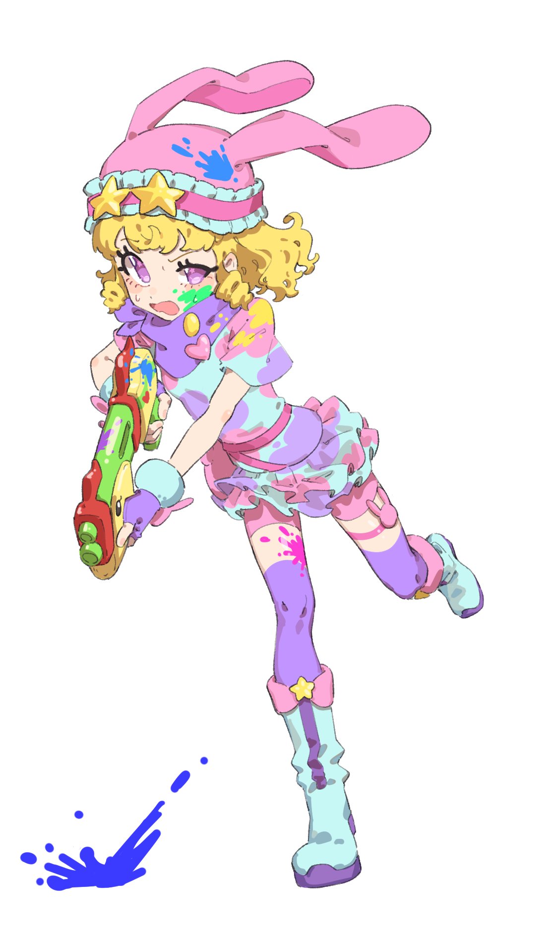 1girl animal_hat blonde_hair blue_footwear boots dress fingerless_gloves fugota6509 full_body gloves gun half-closed_eye hat heart highres holding holding_gun holding_weapon idol_time_pripara knee_boots looking_at_viewer multicolored_clothes multicolored_dress open_mouth paint paint_on_body paint_on_clothes paint_splatter paint_splatter_on_face pink_headwear pink_shorts pretty_series pripara purple_gloves purple_scarf rabbit_hat ringlets running scarf short_hair short_sleeves shorts simple_background solo standing standing_on_one_leg star_(symbol) sweatdrop violet_eyes water_gun weapon white_background yumekawa_yui