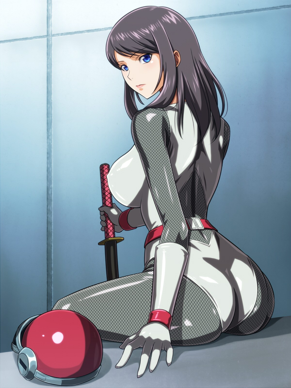 1girl anime_coloring ass belt black_hair blue_eyes bodysuit breasts closed_mouth fishnets from_behind gloves helmet holding holding_weapon katana large_breasts long_hair looking_at_viewer looking_back monteriakitto ninja original sheath shiny_clothes sitting skin_tight solo sword unworn_headwear unworn_helmet weapon