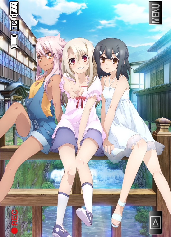 3girls bare_arms bare_shoulders between_legs black_hair blonde_hair blue_sky breasts brown_eyes building chloe_von_einzbern closed_mouth clouds collarbone commentary_request dark-skinned_female dark_skin day dress fate/kaleid_liner_prisma_illya fate_(series) grin hair_ornament hairclip hand_between_legs illyasviel_von_einzbern knees long_hair looking_at_viewer miyu_edelfelt multiple_girls official_art outdoors parted_bangs pink_hair puffy_short_sleeves puffy_sleeves purple_footwear red_eyes shirt shoes short_shorts short_sleeves shorts sidelocks sitting sky small_breasts smile socks spaghetti_strap thighs toes v water white_dress white_footwear white_socks yellow_eyes yellow_shirt