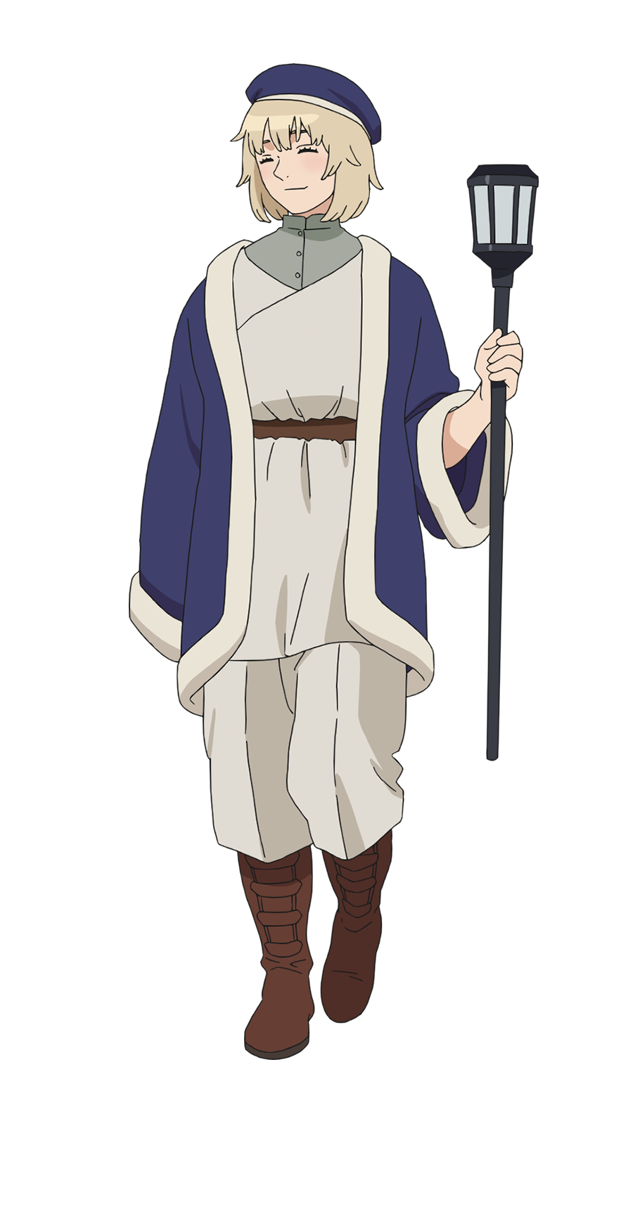 1girl baggy_pants belt blue_headwear blue_robe boots brown_belt brown_footwear closed_eyes dungeon_meshi falin_thorden full_body grey_hair hat highres holding holding_staff light_smile official_art pants robe short_hair simple_background solo staff transparent_background two-tone_robe white_pants white_robe