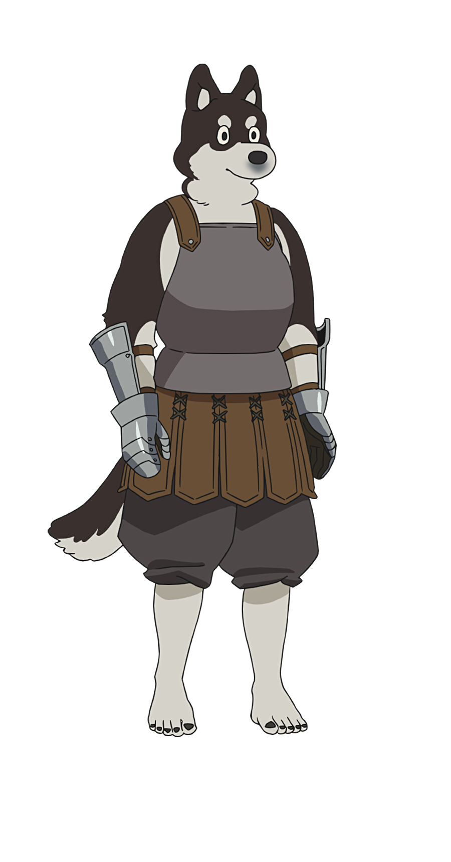 1boy animal_ears armor barefoot black_fur breastplate dog_boy dog_ears dog_tail dungeon_meshi full_body furry furry_male highres kuro_(dungeon_meshi) official_art simple_background solo tachi-e tail transparent_background two-tone_fur white_fur