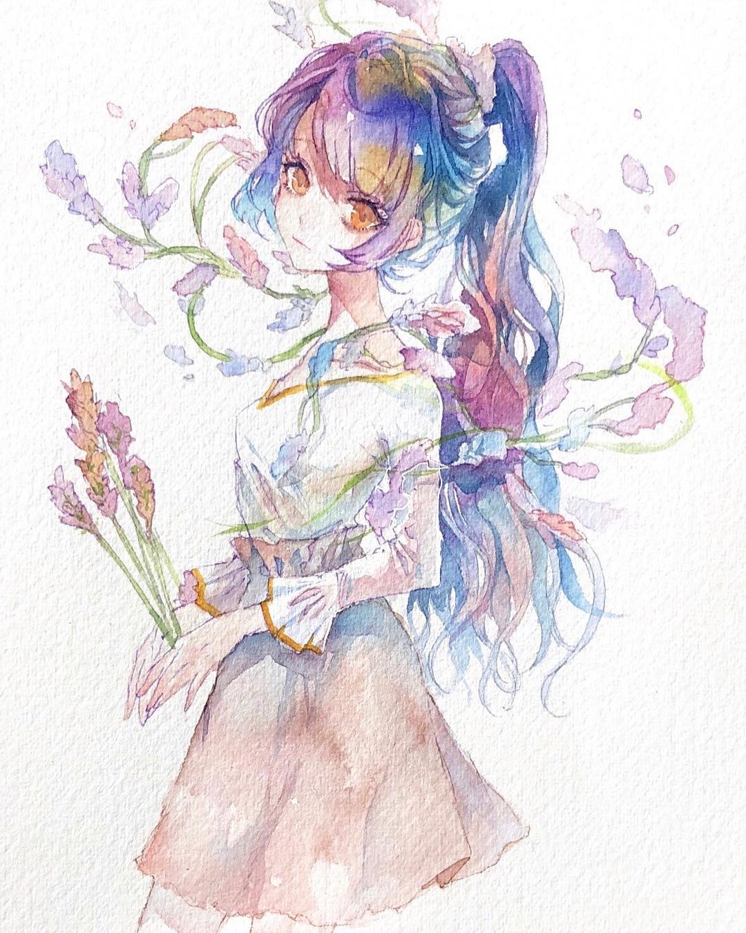 1girl bad_source breasts brown_skirt closed_mouth flower highres holding holding_flower long_hair long_sleeves looking_at_viewer multicolored_hair orange_eyes original painting_(medium) photo_(medium) ponytail purple_flower shirt sidelocks skirt small_breasts solo srnmomo standing traditional_media watercolor_(medium) white_background white_shirt