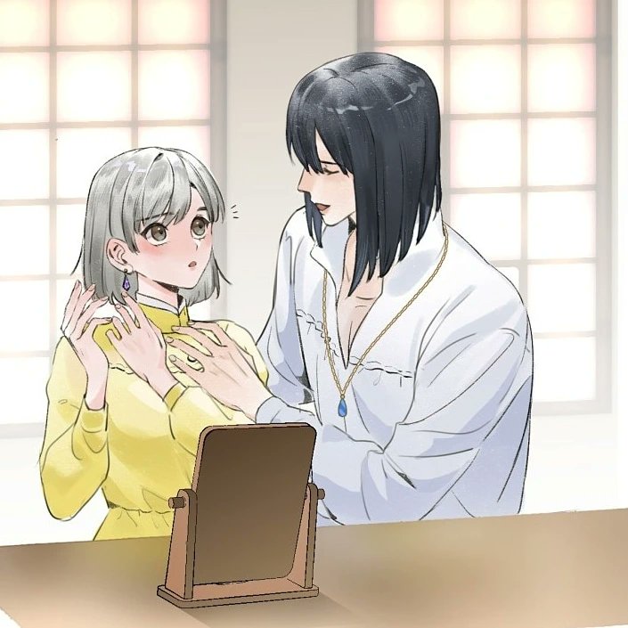 1boy 1girl bob_cut closed_eyes collared_shirt deer_(deer423-81) dress earrings facing_another grey_eyes grey_hair howl_(howl_no_ugoku_shiro) howl_no_ugoku_shiro indoors inverted_bob jewelry long_sleeves looking_at_another mirror necklace pectoral_cleavage pectorals pendant popped_collar profile reaching shirt short_hair sophie_(howl_no_ugoku_shiro) table upper_body v-neck yellow_dress
