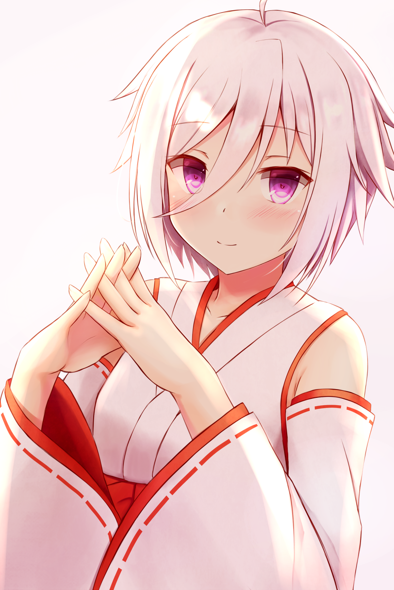 1girl ahoge blush collarbone commentary_request hair_between_eyes highres itomi_sayaka japanese_clothes long_sleeves looking_at_viewer miko natsu_(927013) own_hands_together short_hair smile solo toji_no_miko upper_body violet_eyes white_hair wide_sleeves