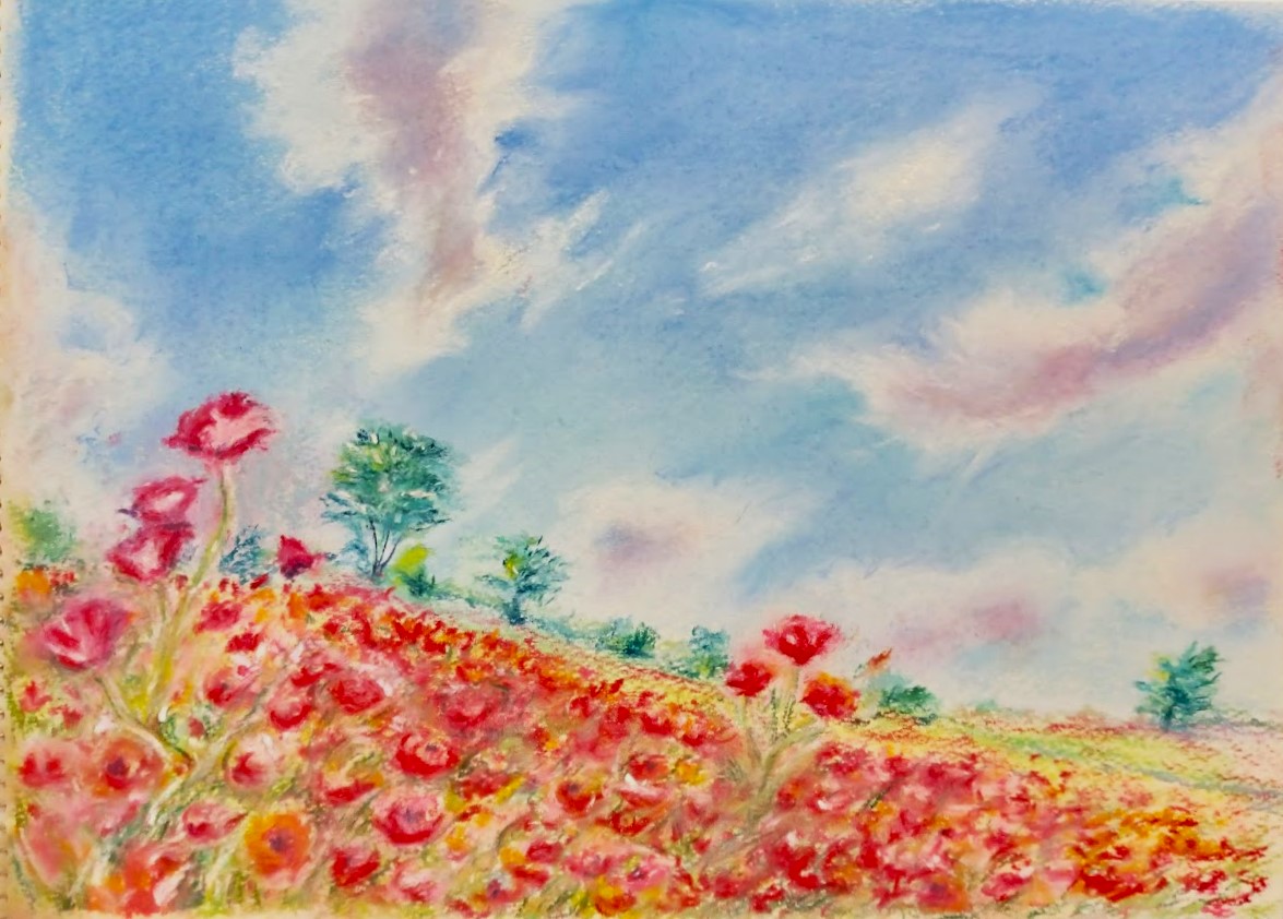 blue_sky clouds cloudy_sky day flower grass knt20203 no_humans orange_flower original painting_(medium) red_flower scenery sky sunlight traditional_media tree watercolor_(medium)