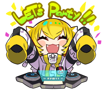 1girl :d ^_^ arms_up blonde_hair blush_stickers chibi closed_eyes colored_tips denonbu facing_viewer fangs hair_ears high_collar holographic_interface jacket kurumitsu long_sleeves lowres multicolored_hair official_art open_mouth short_hair sleeves_past_fingers sleeves_past_wrists smile solo taiga_lucia transparent_background turntable upper_body white_hair white_jacket zipper zipper_pull_tab