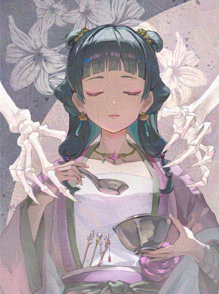 1girl bandaged_arm bandages beads black_hair blunt_bangs bone bowl chinese_clothes closed_eyes closed_mouth commentary_request double_bun earrings eyelashes eyeshadow facing_viewer floral_print flower green_hair hair_beads hair_bun hair_ornament hair_over_shoulder hair_stick half_updo hands_up hanfu holding holding_bowl holding_spoon jewelry kusuriya_no_hitorigoto lily_(flower) lipstick long_sleeves makeup maomao_(kusuriya_no_hitorigoto) multi-tied_hair necklace official_alternate_costume official_alternate_hairstyle out_of_frame reaching sash shawl smile solo_focus spoon twintails unworn_hair_ornament upper_body wide_sleeves yappo_(point71)
