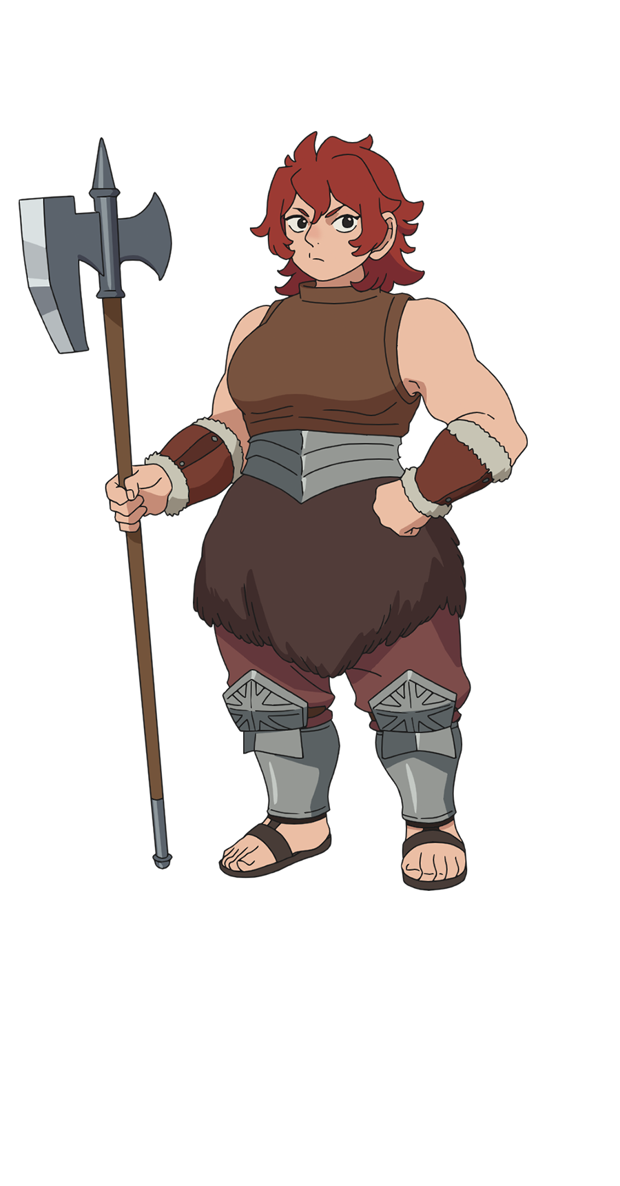 1girl arm_guards armor axe bare_shoulders dungeon_meshi dwarf full_body fur_trim hand_on_own_hip highres holding holding_axe leather_armor looking_at_viewer medium_hair muscular muscular_female namari_(dungeon_meshi) official_art pelt redhead sandals simple_background solo tachi-e transparent_background