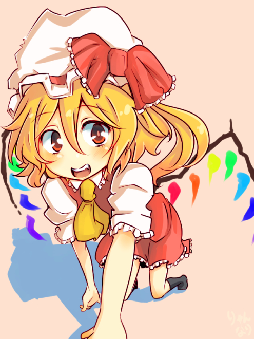 1girl all_fours ascot black_socks blonde_hair brown_background collared_shirt flandre_scarlet frilled_shirt_collar frilled_sleeves frills full_body hair_between_eyes hat long_hair looking_at_viewer mob_cap multicolored_wings no_shoes one_side_up open_mouth puffy_short_sleeves puffy_sleeves red_eyes red_skirt red_vest ryannari shirt short_sleeves simple_background skirt socks solo teeth touhou upper_teeth_only vest white_headwear white_shirt wings yellow_ascot