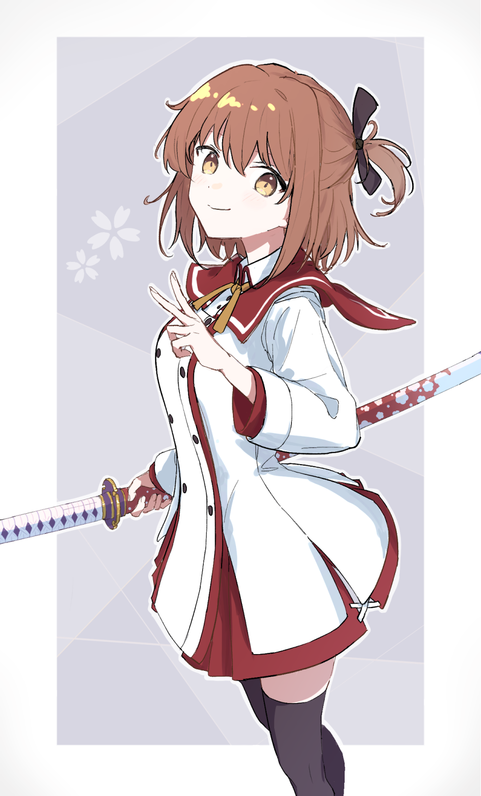 1girl black_ribbon black_thighhighs breasts brown_eyes brown_hair closed_mouth commentary_request dress etou_kanami hair_ribbon highres holding holding_sword holding_weapon katana long_sleeves looking_at_viewer medium_breasts minoseki_gakuin_uniform neck_ribbon one_side_up red_sailor_collar ribbon sailor_collar school_uniform short_hair solo sotonakahara sword thigh-highs toji_no_miko upper_body v weapon white_dress yellow_ribbon