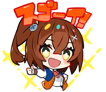 1girl :d blush bow bowtie brown_hair chibi collared_shirt cropped_torso denonbu green_eyes hair_between_eyes hair_ornament hidaka_reina_(denonbu) jacket kurumitsu long_sleeves looking_at_viewer lowres official_art open_clothes open_jacket open_mouth orange_jacket red_bow red_bowtie shirt side_ponytail smile solo thumbs_up translation_request transparent_background upper_body white_shirt x_hair_ornament