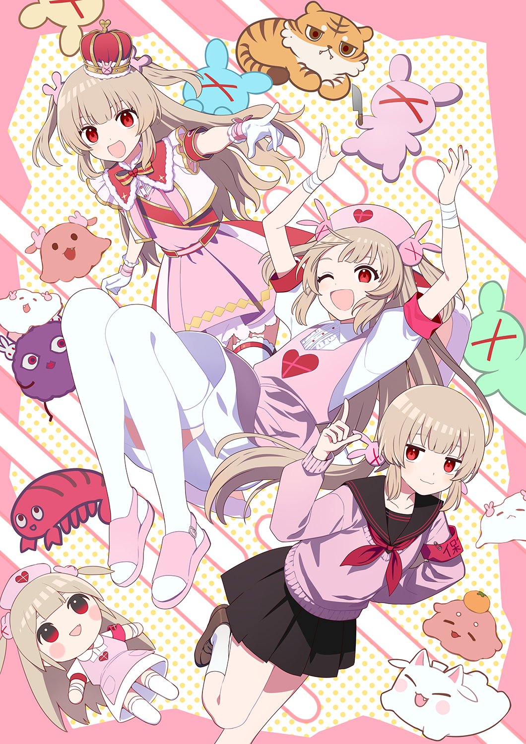 3girls animal_ears arm_up arms_up bandaged_wrist bandages belt black_shirt black_skirt blush border bow bowtie brown_footwear buttons cat_ears character_doll closed_mouth collared_dress collared_shirt crown dress fingernails food fruit fucodoku gloves hair_between_eyes hair_ornament hat heart heart_print highres index_finger_raised leg_up light_brown_hair long_hair long_sleeves looking_at_viewer mandarin_orange mini_crown multiple_girls multiple_persona nail_polish natori_sana neckerchief nurse_cap one_eye_closed open_mouth outside_border pink_border pink_dress pink_footwear pink_headwear pink_sweater pleated_skirt pointing polka_dot polka_dot_background puffy_long_sleeves puffy_short_sleeves puffy_sleeves rabbit_hair_ornament red_belt red_eyes red_nails red_neckerchief red_sash sailor_collar sana_channel sandals sash shirt shoes short_sleeves sidelocks skirt smile socks sparkle_print standing standing_on_one_leg striped_bow striped_bowtie striped_clothes sweater thigh-highs two_side_up white_background white_gloves white_shirt white_socks white_thighhighs yellow_bow yellow_bowtie