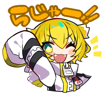 1girl ;d arm_up blonde_hair chibi colored_tips cropped_torso denonbu fangs green_eyes hair_ears high_collar jacket kurumitsu long_sleeves looking_at_viewer lowres multicolored_hair official_art one_eye_closed open_mouth short_hair sleeves_past_fingers sleeves_past_wrists smile solo taiga_lucia translation_request transparent_background upper_body v-shaped_eyebrows white_hair white_jacket zipper zipper_pull_tab