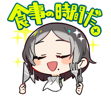 1girl blush chibi closed_eyes cropped_shoulders denonbu earrings facing_viewer fork grey_hair haijima_ginka holding holding_fork holding_knife jewelry knife kurumitsu lowres mole mole_under_mouth official_art open_mouth portrait short_hair smile solo sparkle swept_bangs translation_request transparent_background