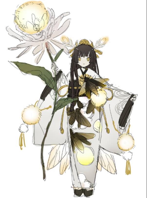 1girl antennae bity3155660241 black_footwear black_sash blunt_bangs brown_hair bug_print character_request commentary crown dandelion english_commentary fireflies flower full_body gold_headwear holding holding_flower insect_wings japanese_clothes kimono long_hair long_sleeves obi okobo onmyoji oversized_flower pom_pom_(clothes) ribbon sandals sash simple_background sleeves_past_wrists solo straight-on straight_hair white_background white_flower white_kimono white_sleeves wide_sleeves wings yellow_ribbon yellow_wings yukata
