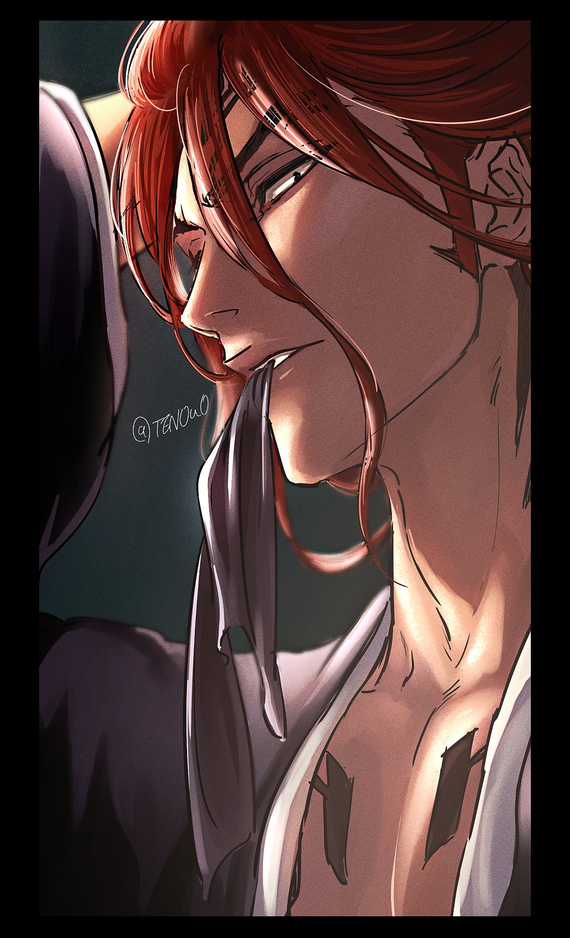 1boy abarai_renji artist_name black_eyes bleach chest_tattoo close-up clothes_in_mouth collarbone forehead_tattoo hair_between_eyes hand_in_own_hair highres looking_at_viewer male_focus parted_lips pectoral_cleavage pectorals redhead shihakusho sideburns solo tattoo ten0u0 wide_sleeves