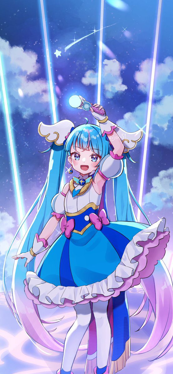 1girl arm_up blue_cape blue_dress blue_eyes blue_hair bow brooch cape clouds cloudy_sky commentary cure_sky cut_bangs detached_sleeves dress dress_bow earrings english_commentary falling_star fingerless_gloves frilled_dress frills fringe_trim gloves highres hirogaru_sky!_precure holding jewelry light_rays long_hair looking_at_viewer magical_girl medium_dress multicolored_hair night open_mouth outdoors pink_hair precure puffy_detached_sleeves puffy_sleeves red_cape shuu_(mniarnoakou) sky sky_mirage sleeveless sleeveless_dress smile solo sora_harewataru standing star_(sky) starry_sky streaked_hair thigh-highs twintails twitter_username two-sided_cape two-sided_fabric two-tone_dress very_long_hair white_dress white_thighhighs wing_brooch wing_hair_ornament