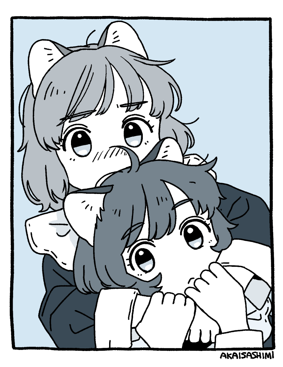 2girls ahoge akai_sashimi animal_ears artist_name border cat_ears cat_girl closed_mouth greyscale highres holding_another's_wrist hug hug_from_behind long_sleeves looking_at_viewer medium_hair monochrome multiple_girls original simple_background upper_body white_border