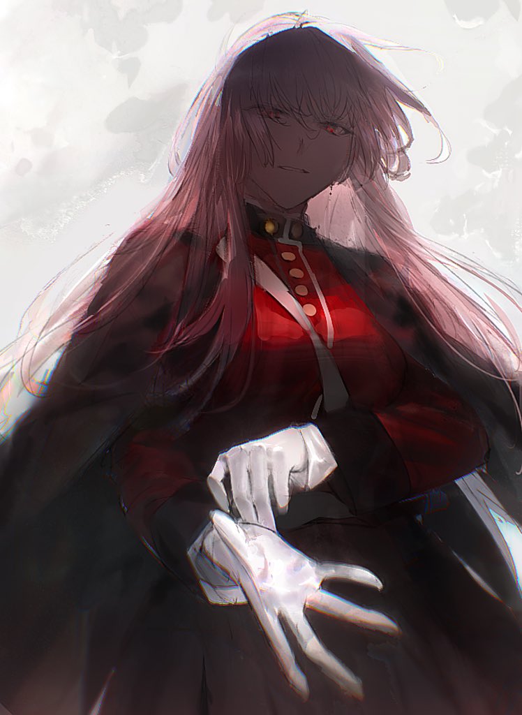 1girl adjusting_clothes adjusting_gloves black_skirt buttons coat coat_on_shoulders fate/grand_order fate_(series) florence_nightingale_(fate) forzen gloves grin hair_down jacket long_sleeves looking_at_viewer parted_lips pink_hair red_eyes red_jacket skirt smile solo upper_body white_background white_gloves