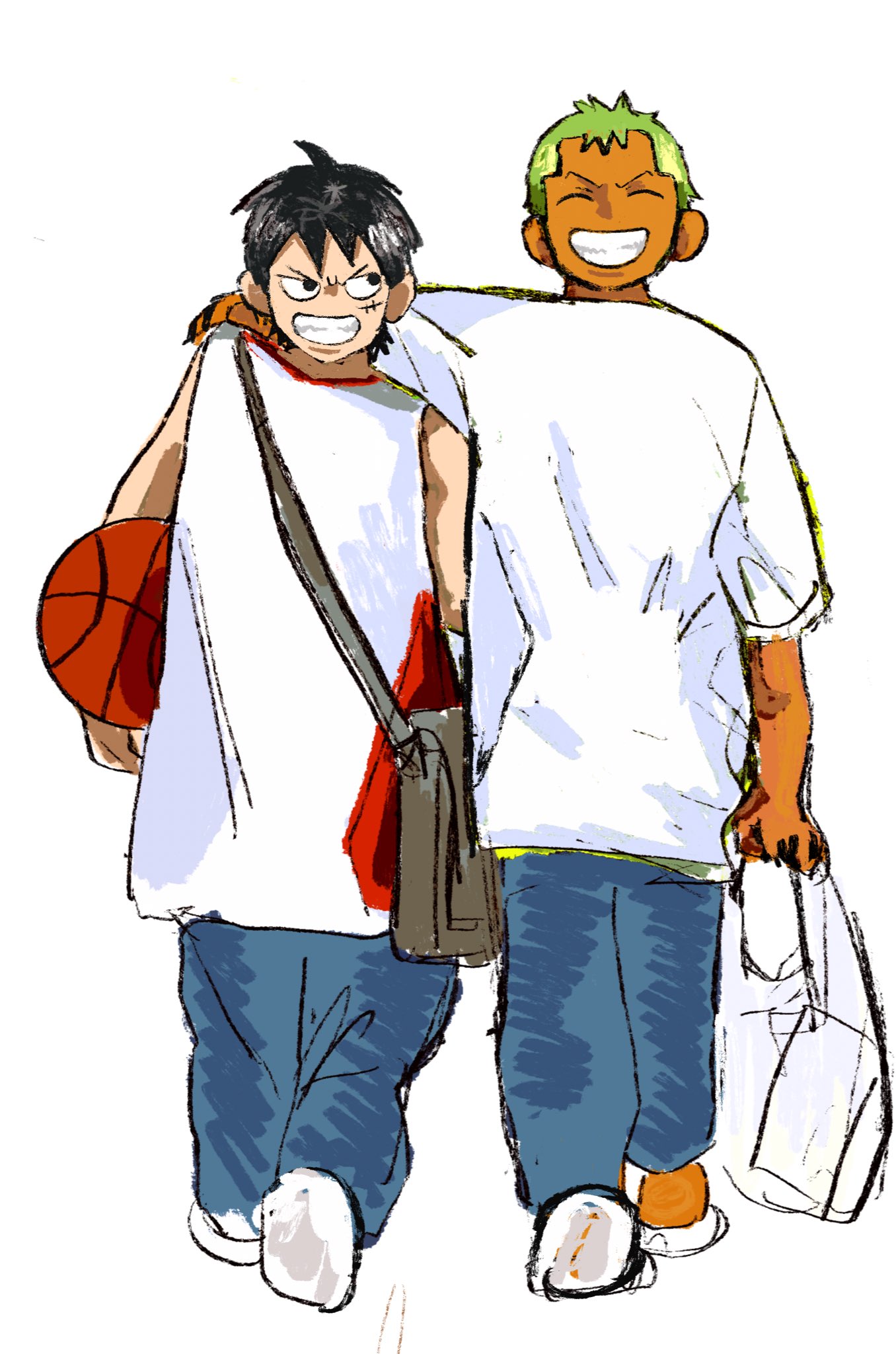 2boys arms_around_neck ball basketball_(object) black_eyes black_hair carrying carrying_under_arm closed_eyes full_body green_hair hand_on_another's_back highres looking_at_another male_focus monkey_d._luffy multiple_boys one_piece oversized_clothes oversized_shirt roronoa_zoro scar scar_on_cheek scar_on_face shirt short_hair side-by-side simple_background smile walking white_background yaoizhen