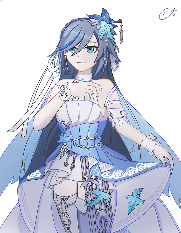 1girl angdyuangdyu bare_shoulders bird_hair_ornament blue_eyes blue_hair bow closed_mouth dress earrings fu_hua fu_hua_(azure_empyrea) fu_hua_(cerulean_court) grey_hair hair_between_eyes hair_bow hair_ornament halter_dress halterneck honkai_(series) honkai_impact_3rd jewelry light_smile long_hair looking_at_viewer multicolored_clothes multicolored_dress official_alternate_costume simple_background single_earring sleeveless sleeveless_dress solo thigh-highs thigh_bow wedding_dress white_background white_bow white_dress white_thighhighs