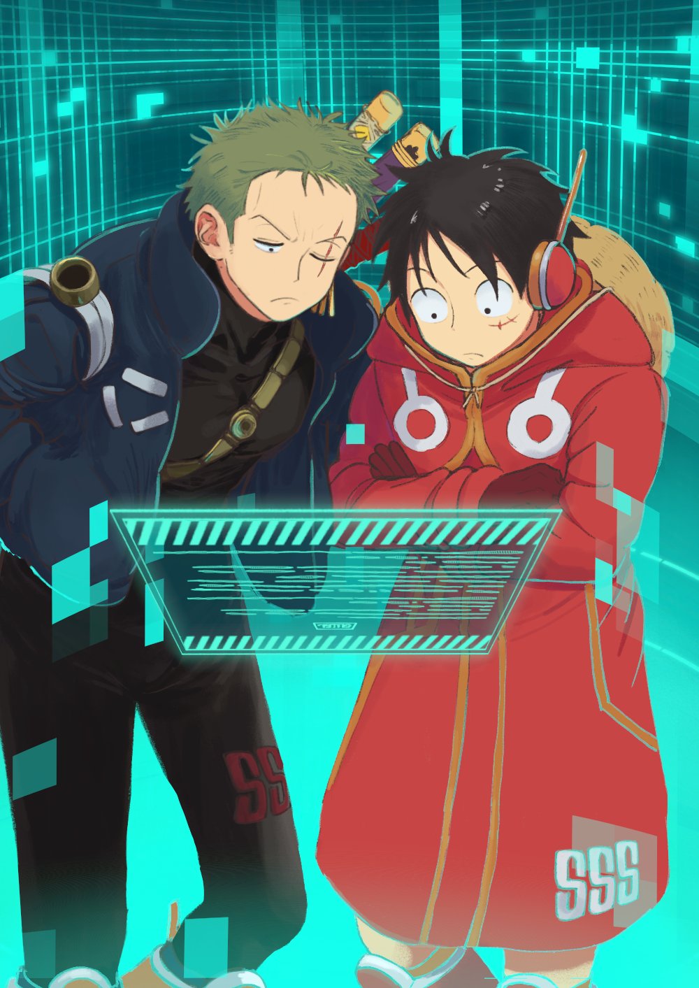 2boys 7nawon black_bodysuit black_eyes black_hair bodysuit coat crossed_arms earpiece feet_out_of_frame green_hair hat hat_on_back highres holographic_monitor jacket male_focus monkey_d._luffy multiple_boys one_eye_closed one_piece open_clothes open_jacket red_coat roronoa_zoro scar scar_across_eye scar_on_cheek scar_on_face short_hair sideburns skin_tight straw_hat sword sword_on_back weapon weapon_on_back
