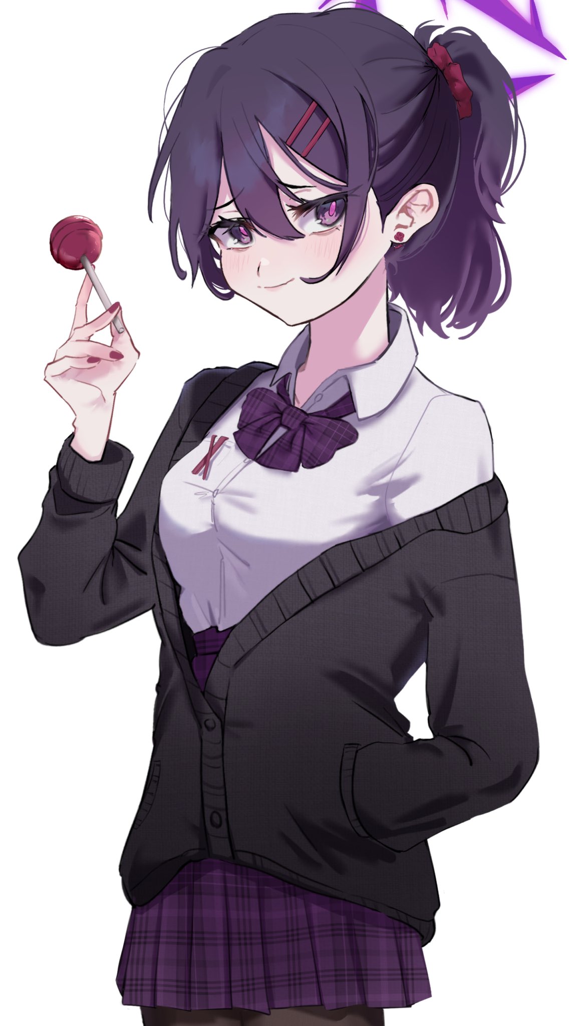 1girl alternate_hairstyle black_jacket black_pantyhose blue_archive bow bowtie candy closed_mouth collared_shirt commentary_request food furrowed_brow hair_between_eyes halo hand_in_pocket haruka_(blue_archive) highres holding holding_candy holding_food holding_lollipop jacket lollipop long_sleeves looking_at_viewer medium_hair pantyhose picopico_hanma plaid plaid_skirt pleated_skirt ponytail purple_bow purple_bowtie purple_hair purple_skirt shirt sidelocks single_off_shoulder skirt solo standing upper_body violet_eyes white_background white_shirt