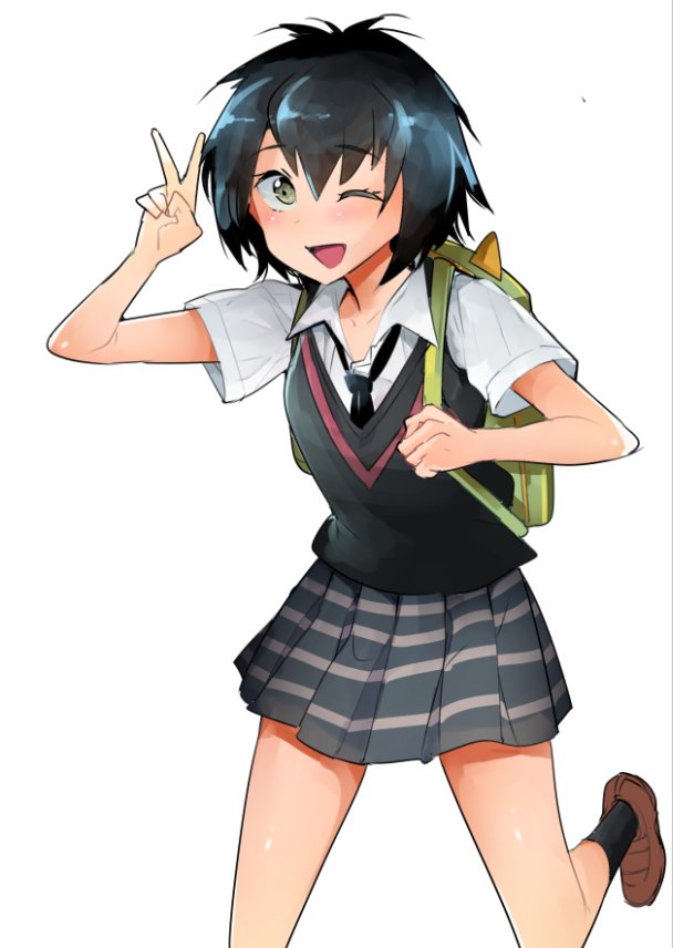 1girl :d adjusting_strap backpack bad_id bad_twitter_id bag black_hair black_necktie black_socks black_sweater_vest breasts brown_eyes brown_footwear collared_shirt dress_shirt foot_out_of_frame foot_up green_bag grey_skirt hand_up loafers looking_at_viewer marvel nakasone_haiji necktie one_eye_closed open_mouth peni_parker pleated_skirt school_uniform shirt shoes short_hair short_sleeves simple_background skirt small_breasts smile socks solo spider-man:_into_the_spider-verse spider-man_(series) spider-verse striped_clothes striped_skirt sweater_vest v white_background white_shirt