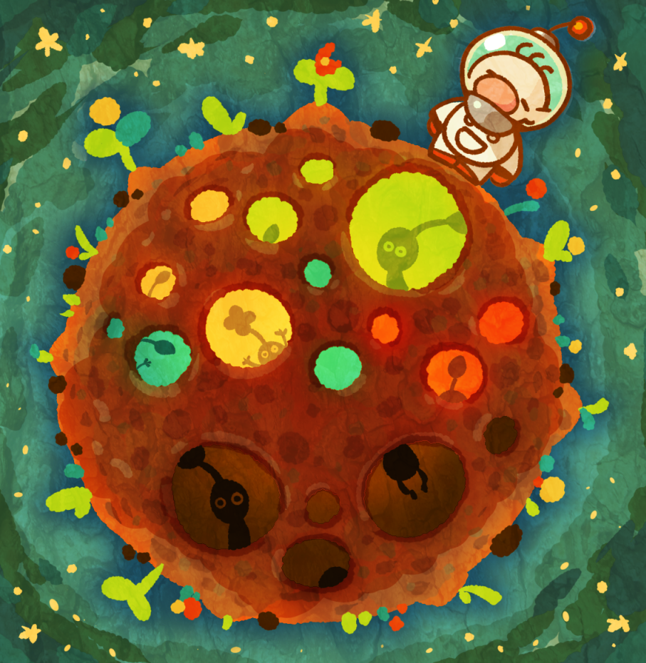 1boy arms_up big_nose brown_hair buttons closed_eyes commentary flower gloves helmet koda_kodachi leaf male_focus olimar on_mini_planet pikmin_(creature) pikmin_(series) planet pointy_ears radio_antenna red_flower red_gloves short_hair space space_helmet spacesuit star_(sky) star_(symbol) very_short_hair