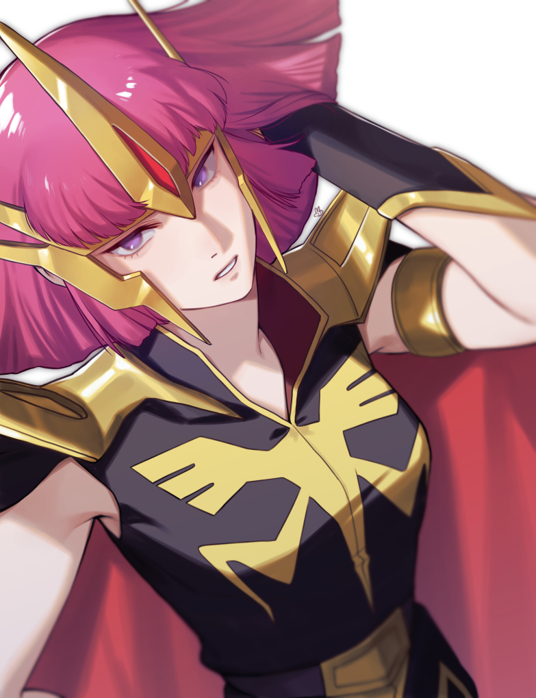 1girl armlet armor artist_logo black_jacket bracer breasts cape commentary_request dutch_angle gundam gundam_zz haman_karn hand_in_own_hair headpiece jacket logo looking_at_viewer medium_breasts medium_hair parted_lips pauldrons purple_hair red_cape shoulder_armor simple_background sleeveless sleeveless_jacket solo teeth upper_body ususio_11 violet_eyes white_background zeon
