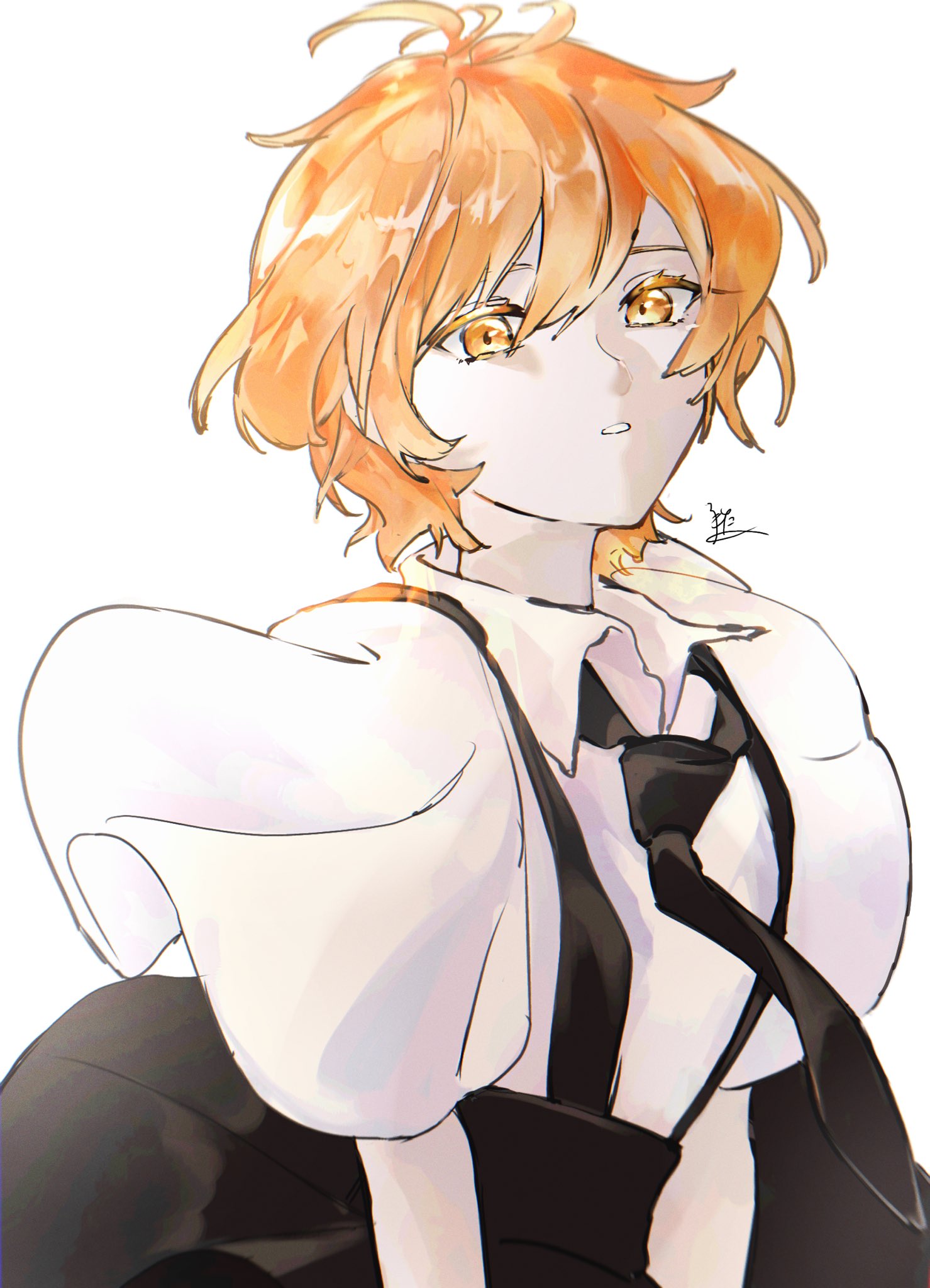 1other androgynous arms_at_sides black_necktie collared_shirt eyelashes floating_clothes gem_uniform_(houseki_no_kuni) hair_between_eyes highres houseki_no_kuni looking_at_viewer necktie orange_eyes orange_hair other_focus parted_lips rokipanda shirt short_hair short_sleeves simple_background solo suspenders upper_body white_background white_shirt wide_sleeves zircon_(houseki_no_kuni)