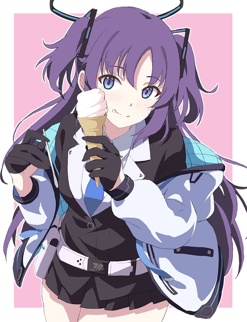 1girl black_halo black_jacket black_skirt blazer blue_archive blue_eyes blue_necktie border breasts dress_shirt food food_on_face halo holding holding_ice_cream_cone ice_cream ice_cream_cone jacket jacket_partially_removed long_hair long_sleeves looking_at_viewer mechanical_halo medium_breasts minasato_hibiki miniskirt necktie outline outside_border parted_bangs pink_background pleated_skirt purple_hair shirt skirt soft_serve solo triangle_hair_ornament two-sided_fabric two-sided_jacket two-tone_background two_side_up upper_body white_border white_jacket white_outline white_shirt yuuka_(blue_archive)