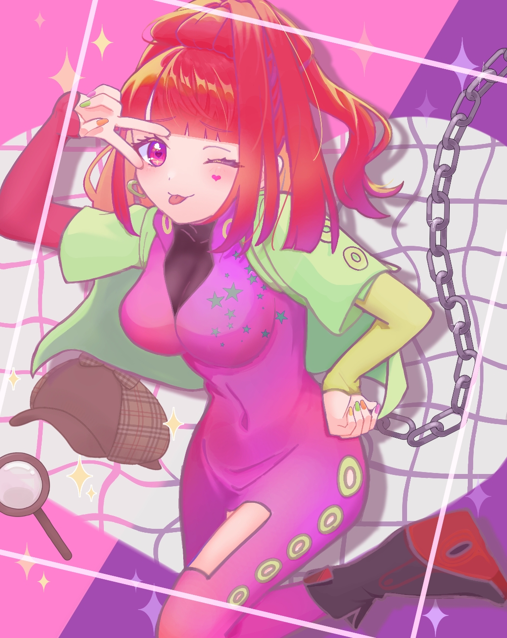 1girl chain facial_tattoo gnosia heart heart_tattoo highres long_hair long_sleeves looking_at_viewer magnifying_glass multicolored_nails nail_polish one_eye_closed pink_eyes redhead solo sq_(gnosia) star_(symbol) tattoo tongue tongue_out user_xxgr2247 v