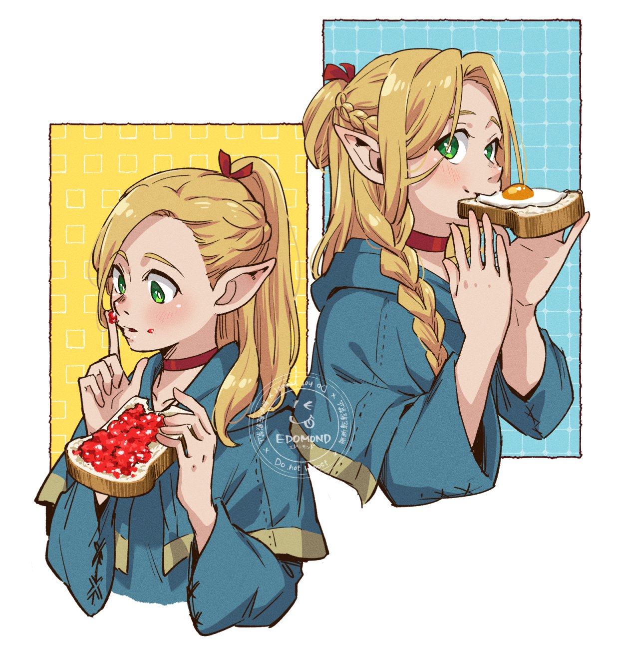 1girl artist_logo blonde_hair blue_capelet blue_robe braid capelet choker dungeon_meshi eating edomon-do elf food food_on_face fried_egg fried_egg_on_toast green_eyes highres holding holding_food hood hooded_capelet long_hair marcille_donato multiple_views pointy_ears ponytail red_choker robe single_braid upper_body watermark white_background