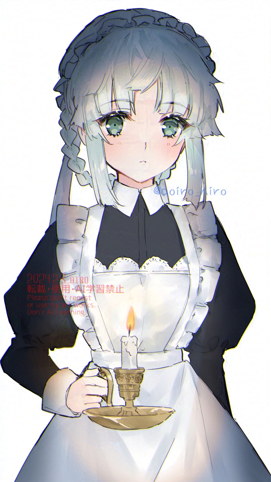 1girl alternate_costume aoiro_hiro apron aqua_eyes black_dress braid candle candlestand closed_mouth collared_dress dated dress enmaided fate/samurai_remnant fate_(series) frills hat highres juliet_sleeves long_sleeves looking_at_viewer maid mob_cap puffy_sleeves simple_background solo upper_body white_apron white_background white_hair yui_shousetsu_(fate)