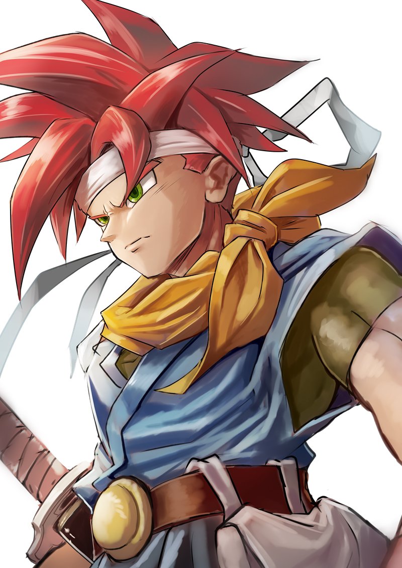 1boy belt chrono_trigger closed_mouth commentary crono_(chrono_trigger) green_eyes headband male_focus redhead scarf short_hair simple_background solo sowel_(sk3) spiky_hair sword weapon white_background