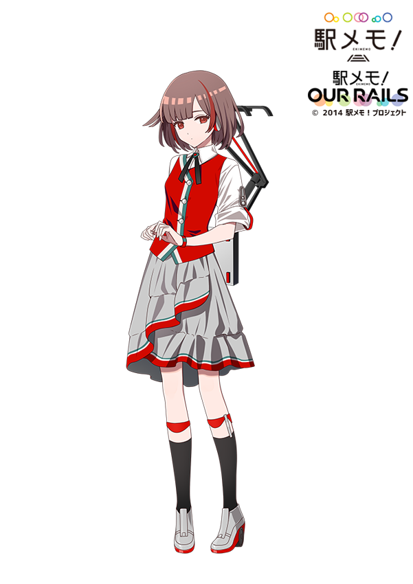 1girl black_ribbon black_socks boots breasts brown_hair buttons character_request closed_mouth collared_shirt fucodoku full_body grey_footwear grey_skirt hands_up high_heels looking_at_viewer multicolored_hair neck_ribbon red_eyes red_vest redhead ribbon shirt short_hair short_sleeves simple_background skirt small_breasts socks solo standing station_memories streaked_hair vest white_background white_shirt wristband