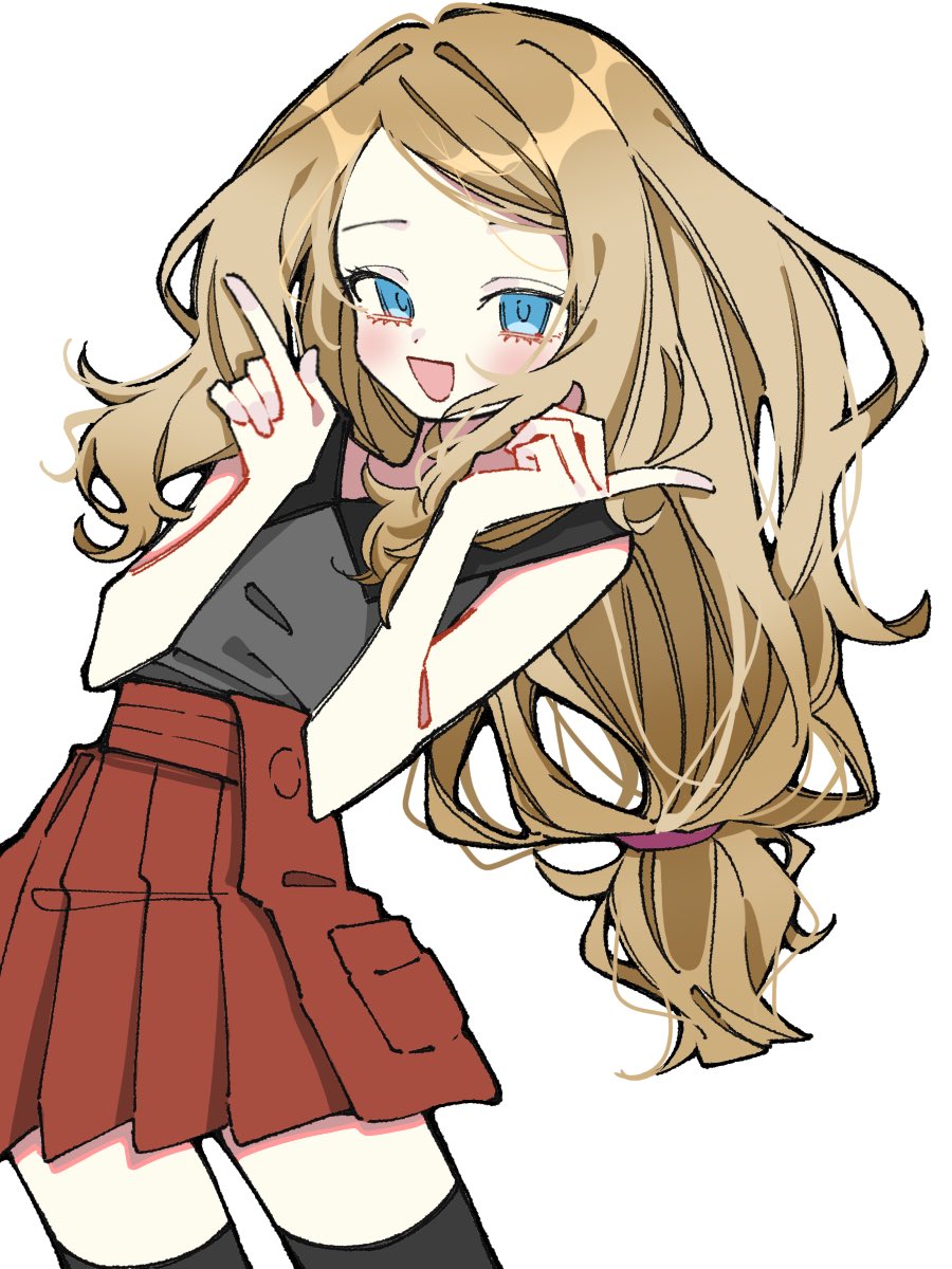 1girl :d black_thighhighs blonde_hair blue_eyes contrapposto cowboy_shot dot_nose grey_shirt hands_up high-waist_skirt highres index_finger_raised ino_climate leaning_to_the_side legs_apart long_hair looking_at_viewer open_mouth pleated_skirt pokemon pokemon_xy red_skirt serena_(pokemon) shirt shirt_tucked_in sidelocks skirt sleeveless sleeveless_shirt smile solo thigh-highs wavy_hair zettai_ryouiki
