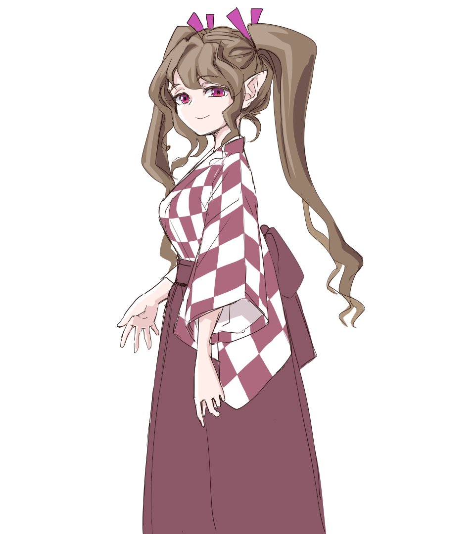 1girl brown_hair himekaidou_hatate japanese_clothes long_skirt plaid plaid_shirt pointy_ears purple_skirt s-a-murai shirt simple_background skirt smile solo taishou touhou twintails violet_eyes white_background wide_sleeves