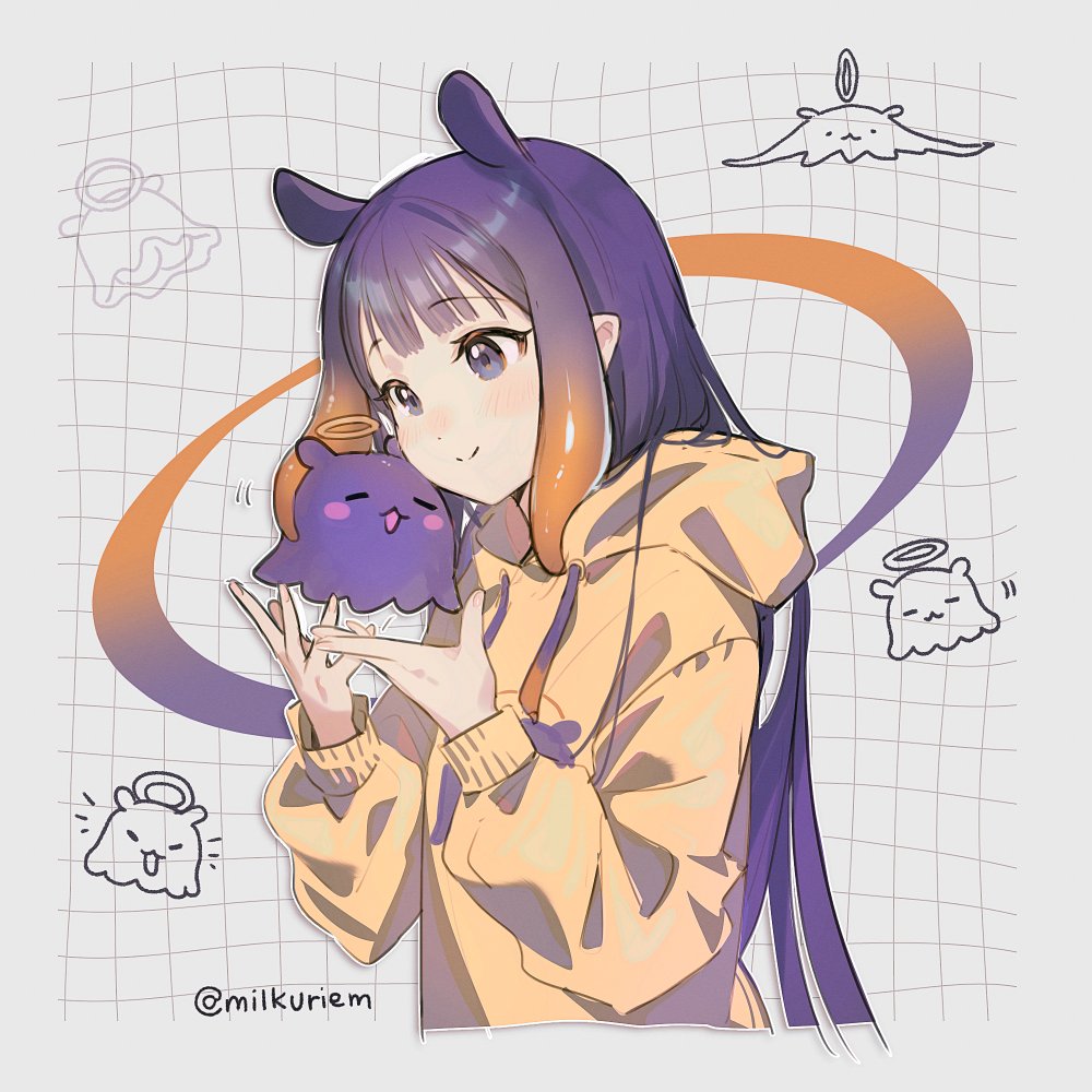 1girl 1other :d =_= artist_name blunt_bangs blush_stickers halo hololive hololive_english hood hoodie long_hair looking_down milkuriem ninomae_ina'nis open_hands purple_hair simple_background smile takodachi_(ninomae_ina'nis) tentacle_hair twitter_username upper_body violet_eyes white_background yellow_hoodie