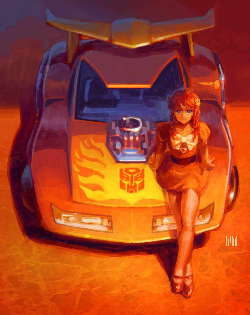 1girl blue_eyes bow car character_request dress engine fmu hot_rod_(transformers) looking_at_viewer motor_vehicle on_vehicle pink_dress redhead sitting smile solo spoiler_(automobile) sports_car transformers transformers:_generation_1 vehicle_focus white_bow