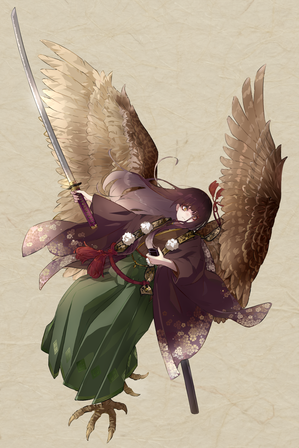 1girl bird_girl bird_legs brown_background brown_hair closed_mouth eyelashes eyeliner feathered_wings floral_print flying frown full_body furisode_sleeves green_hakama hair_over_one_eye hakama haori haori_himo highres holding holding_sheath holding_sword holding_weapon japanese_clothes katana kimono long_hair long_sleeves looking_at_viewer makeup monster_girl original outstretched_arm pom_pom_(clothes) ramuya_(lamb) scabbard sheath solo stole sword tassel unsheathed weapon wings yellow_eyes