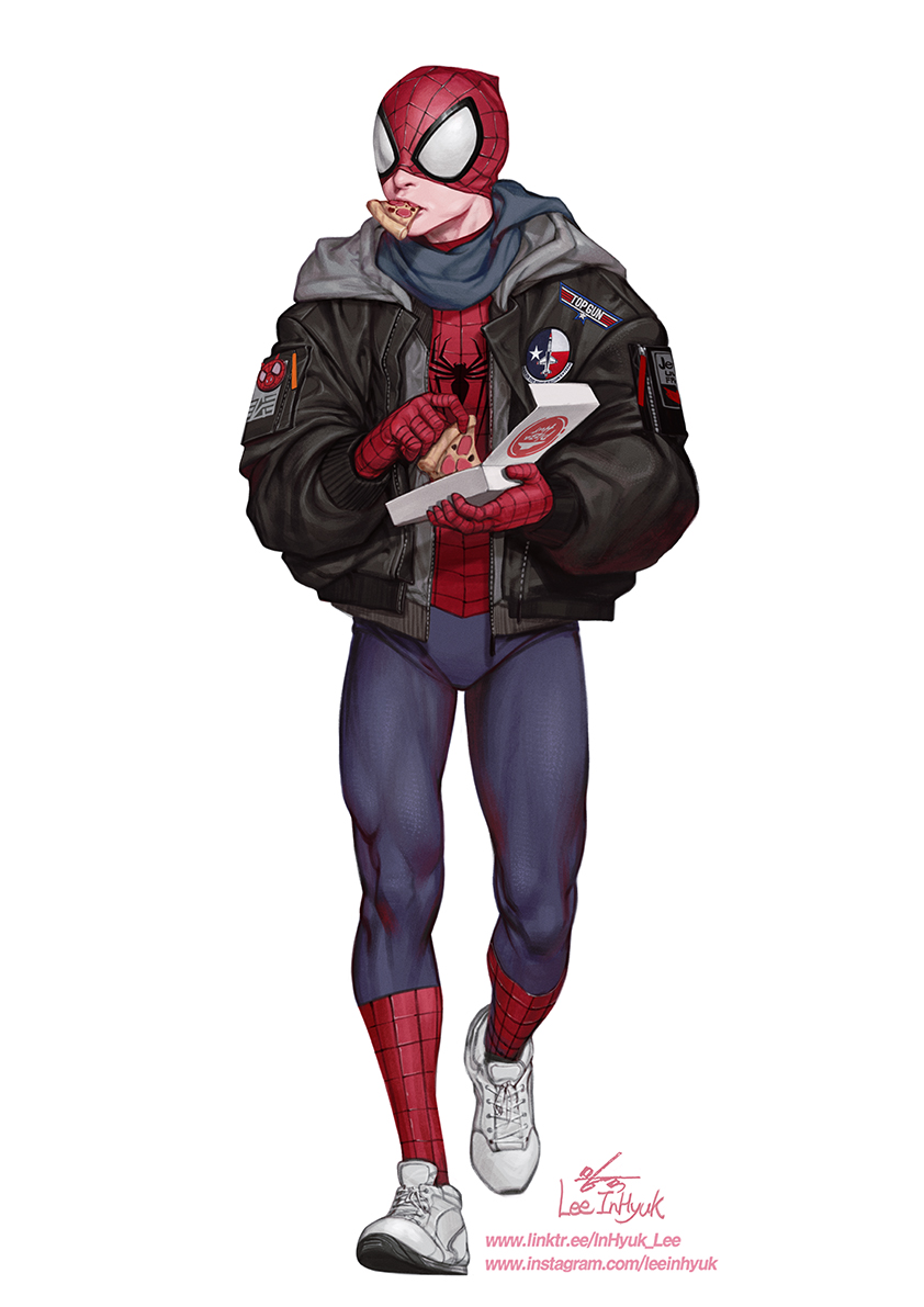 1boy animal_print artist_name black_jacket blue_bodysuit blue_scarf bodysuit food food_in_mouth holding holding_food holding_pizza hood hooded_bodysuit hooded_jacket in-hyuk_lee instagram_username jacket male_focus marvel mask_pull open_clothes open_jacket pepperoni peter_parker pizza pizza_hut print_bodysuit red_bodysuit red_mask scarf shoes signature sneakers solo spider-ham spider-man spider-man_(series) spider_print spider_web_print superhero_costume texas_flag top_gun two-tone_bodysuit unzipped white_footwear winter_clothes