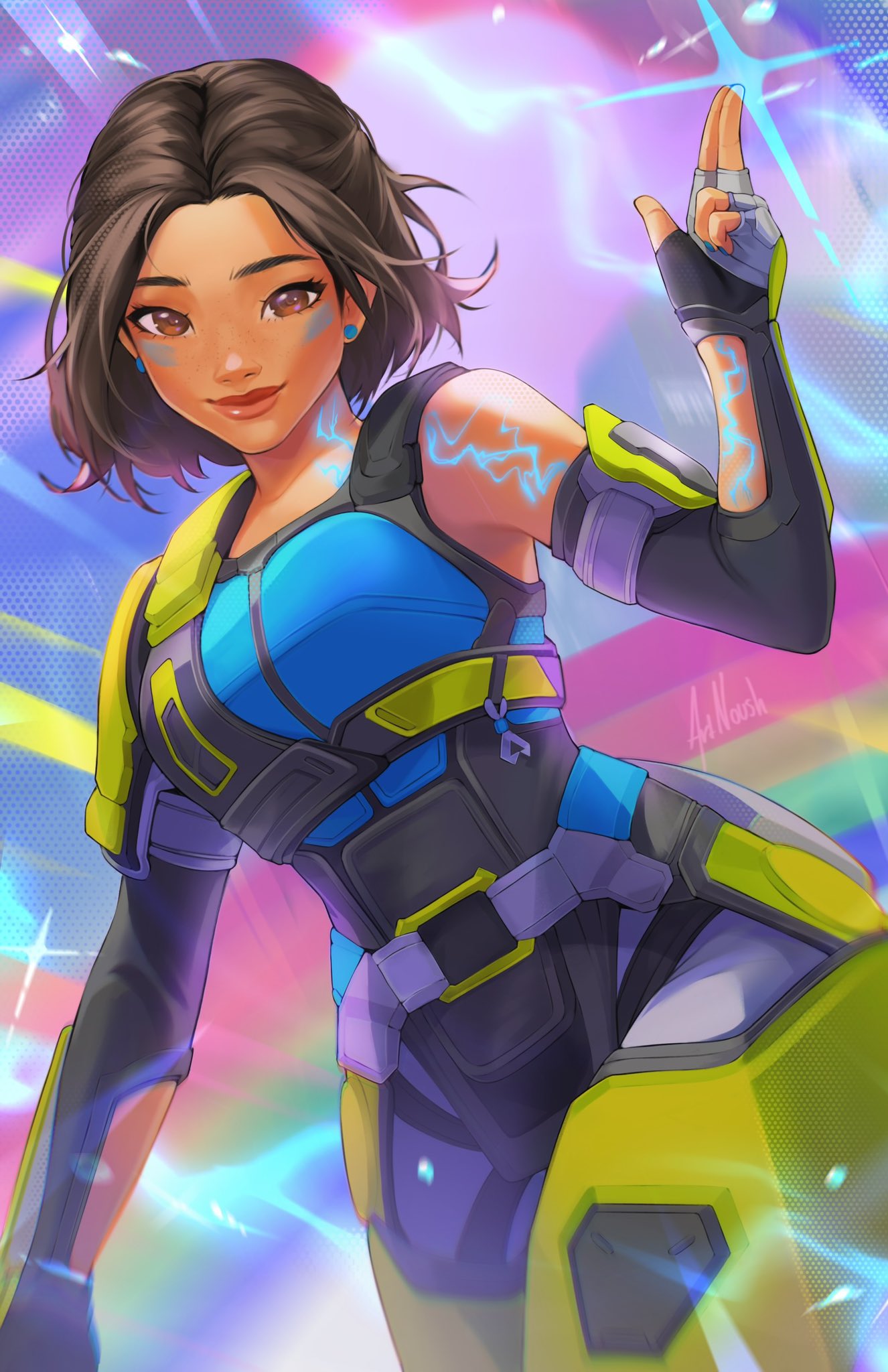 1girl animification apex_legends artist_name black_gloves blue_shirt breasts brown_hair conduit_(apex_legends) dark-skinned_female dark_skin earrings elbow_gloves electricity english_commentary facepaint fingerless_gloves freckles gloves grey_pants head_tilt highres jewelry lightning looking_at_viewer medium_breasts noush pants rainbow shirt short_hair smile solo sparkle