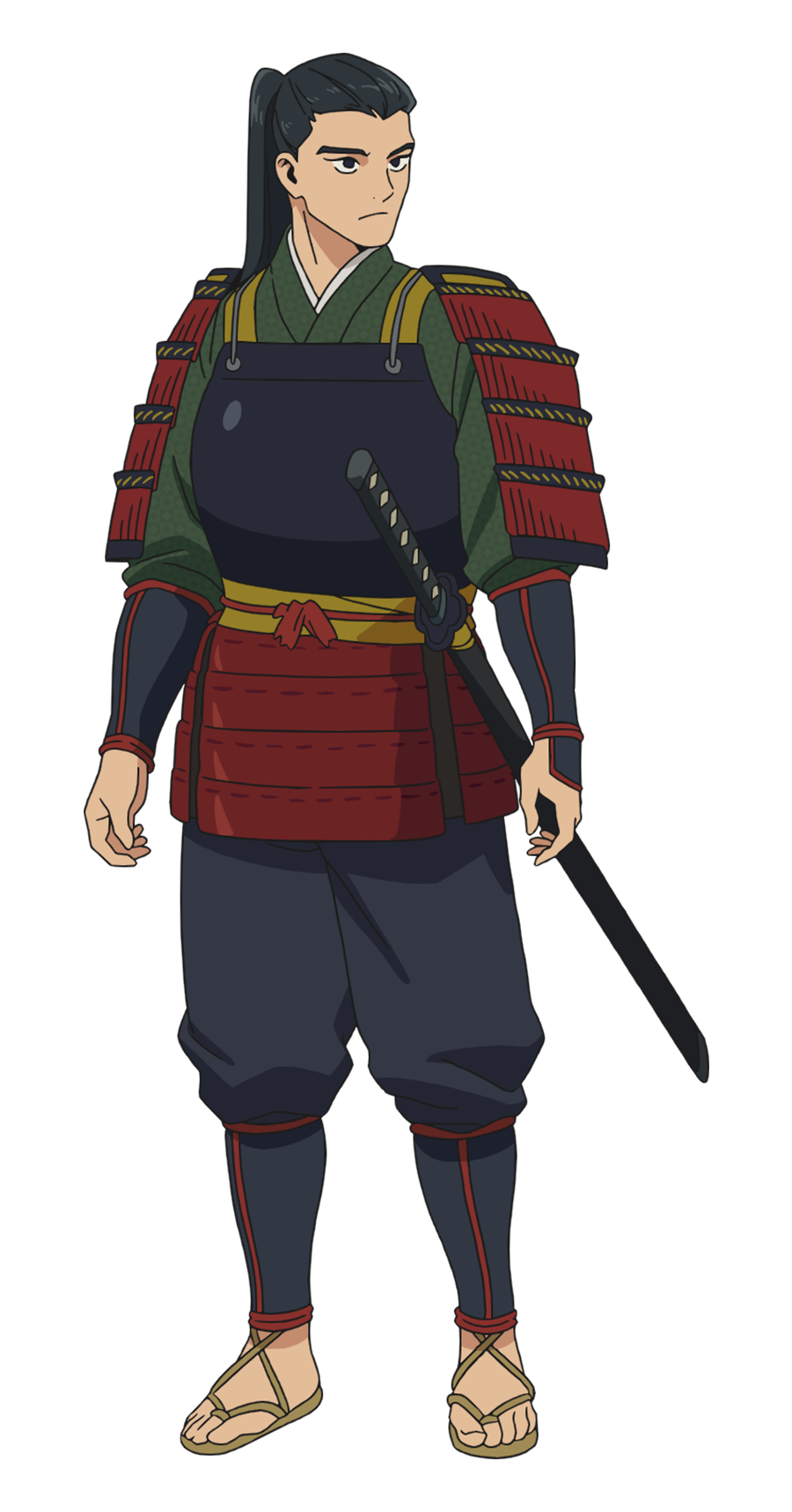 1boy armor black_eyes black_hair breastplate dungeon_meshi full_body green_kimono highres japanese_armor japanese_clothes kimono long_hair looking_to_the_side official_art pauldrons ponytail samurai sandals shoulder_armor shurou simple_background solo straight_hair tachi-e tachi_(weapon) transparent_background