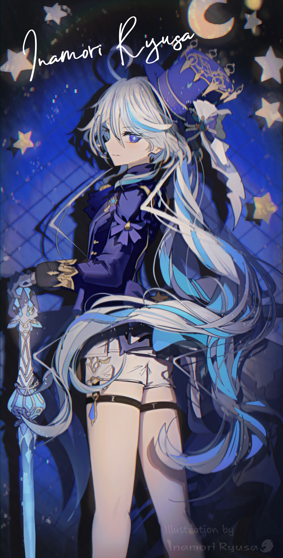1girl artist_name ascot blue_ascot blue_background blue_hair blue_headwear blue_jacket chromatic_aberration closed_mouth cowlick drop-shaped_pupils foot_out_of_frame from_side furina_(genshin_impact) genshin_impact hat highres inaeda_kei jacket light_blue_hair long_hair shadow short_shorts shorts signature solo splendor_of_tranquil_waters_(genshin_impact) standing star_(symbol) symbol-shaped_pupils thigh_strap top_hat wavy_hair white_hair white_shorts