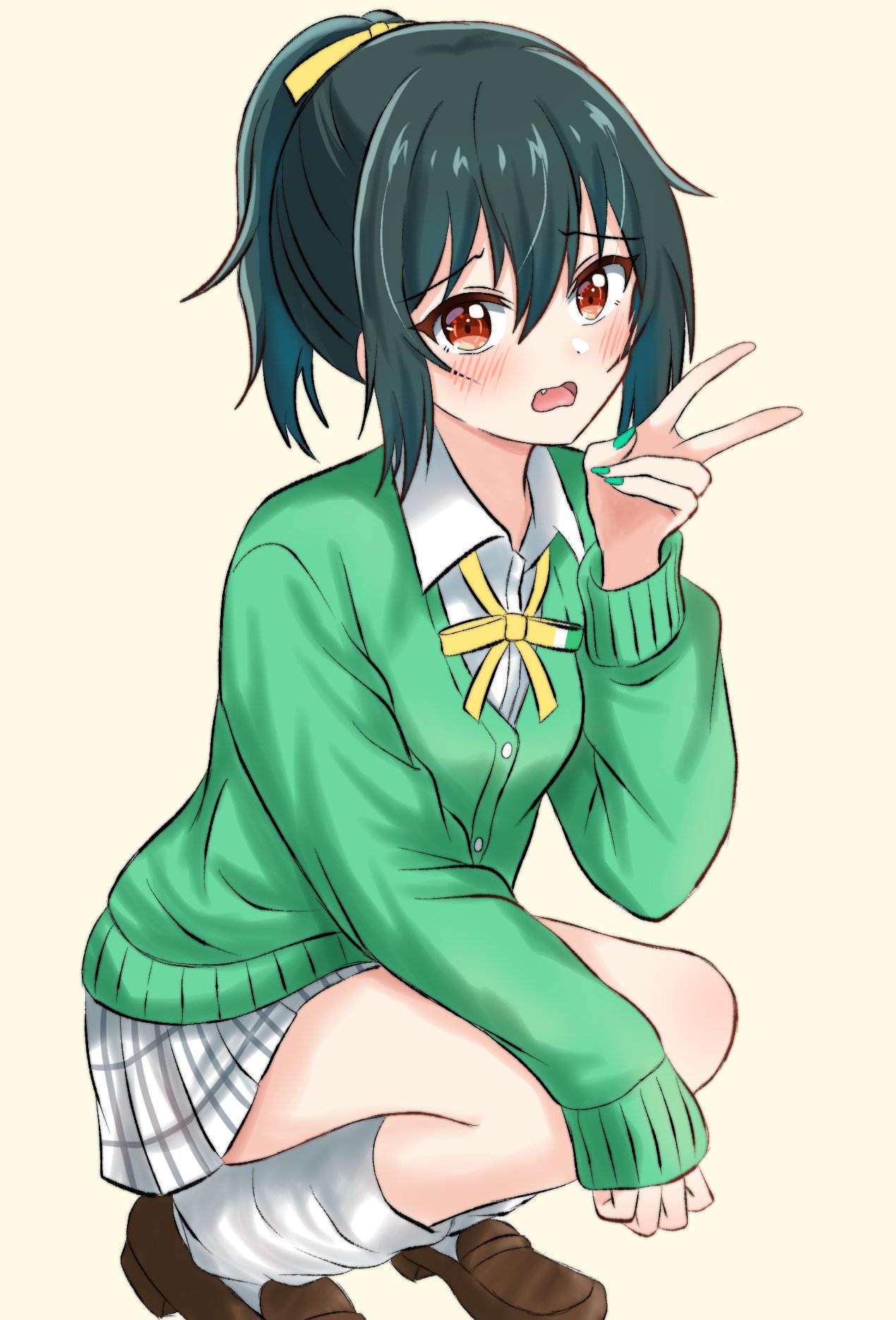 1girl alternate_hairstyle blush brown_footwear collared_shirt commentary_request fang furrowed_brow green_hair green_nails green_sweater hair_between_eyes highres katanashi_(ktnsh_popu) loafers long_sleeves looking_at_viewer loose_socks love_live! love_live!_nijigasaki_high_school_idol_club medium_hair mifune_shioriko neck_ribbon open_mouth plaid plaid_skirt red_eyes ribbon shirt shoes short_ponytail sidelocks skirt sleeves_past_wrists socks solo squatting sweater v white_background white_shirt white_skirt white_socks yellow_ribbon
